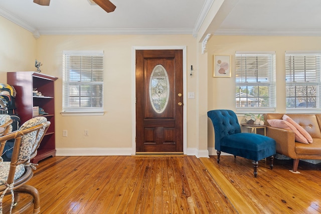 entrance foyer featuring light wood-style floors, a wealth of natural light, crown molding, and baseboards