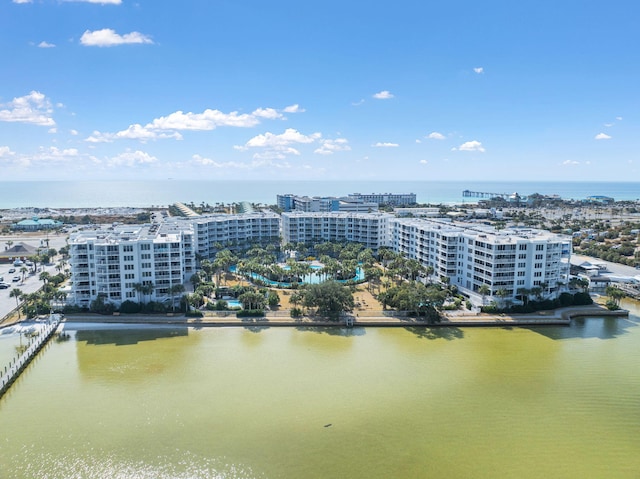 drone / aerial view with a view of city and a water view