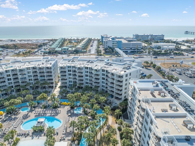 drone / aerial view with a water view