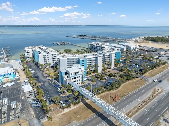 aerial view featuring a view of city and a water view