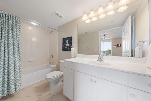 bathroom with visible vents, toilet, shower / tub combo, vanity, and tile patterned floors