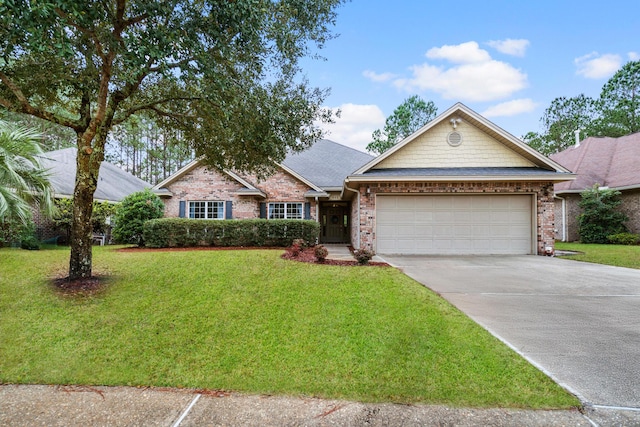 ranch-style home with brick siding, roof with shingles, a garage, driveway, and a front lawn