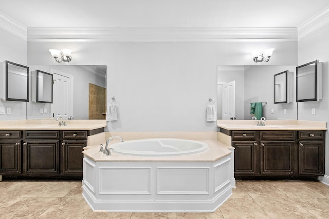 bathroom with two vanities, tile patterned flooring, a garden tub, and a sink