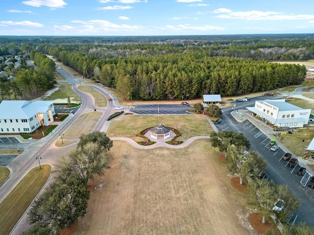 bird's eye view with a wooded view