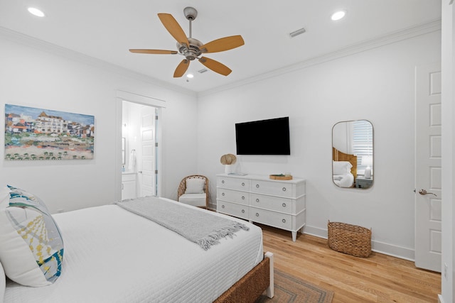 bedroom with recessed lighting, crown molding, and light wood finished floors