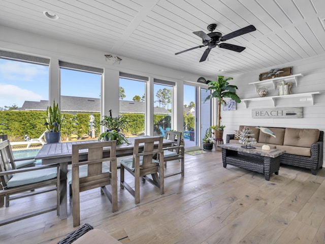 sunroom with wooden ceiling and a ceiling fan