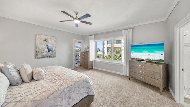 bedroom featuring light carpet, baseboards, ornamental molding, and a ceiling fan