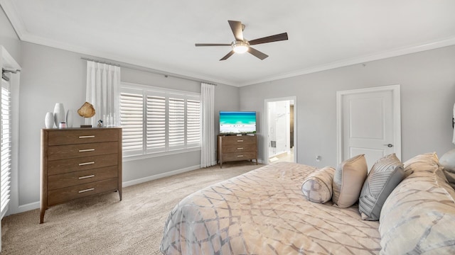 bedroom with light carpet, baseboards, and crown molding