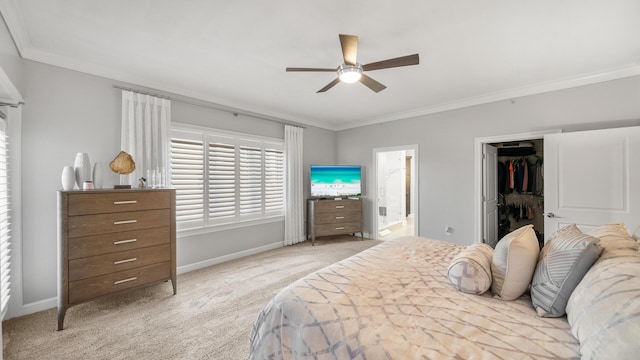 bedroom with baseboards, ornamental molding, and light colored carpet