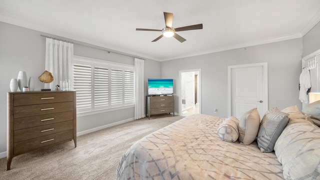 bedroom featuring light carpet, ornamental molding, a ceiling fan, and baseboards