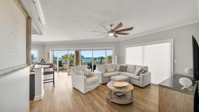 living area with crown molding, a textured ceiling, a ceiling fan, and wood finished floors