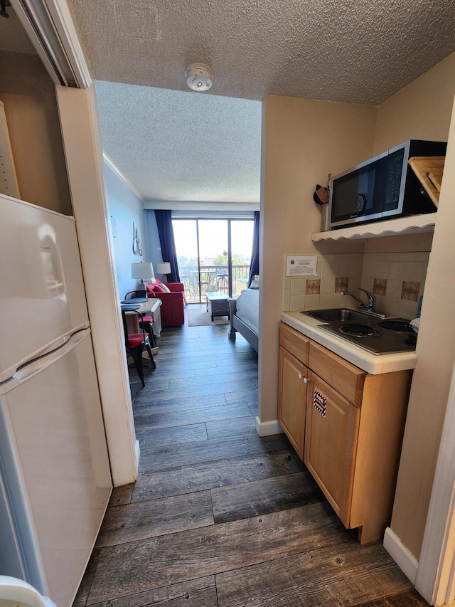 interior space with dark wood-style floors, light countertops, stainless steel microwave, freestanding refrigerator, and a sink