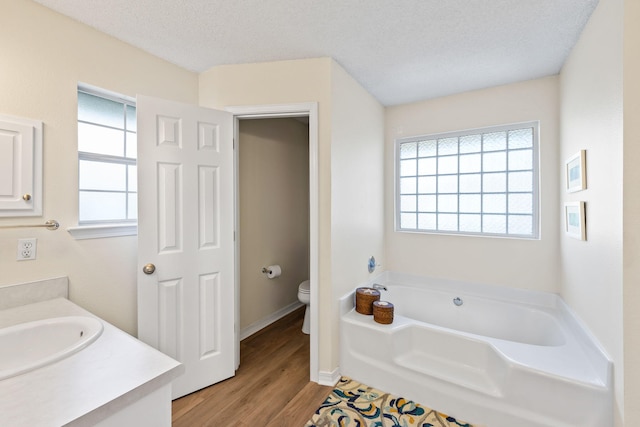 bathroom featuring a healthy amount of sunlight, a textured ceiling, toilet, and a bath