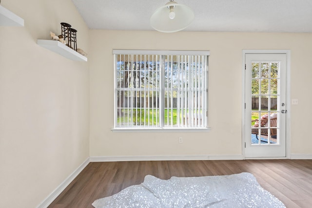 doorway featuring a healthy amount of sunlight, baseboards, and wood finished floors