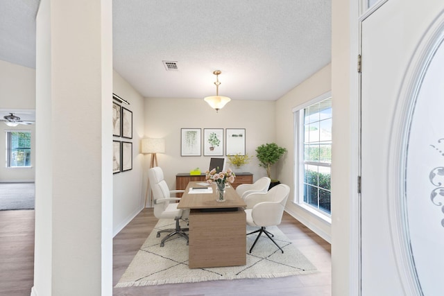 office featuring a textured ceiling, baseboards, visible vents, and light wood-style floors