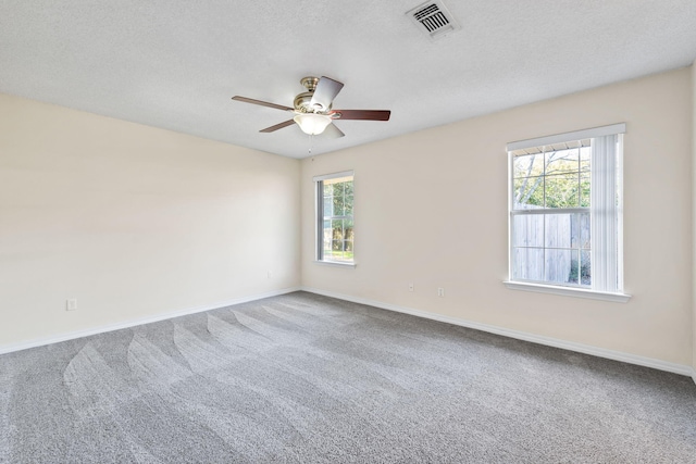 carpeted empty room featuring a healthy amount of sunlight, visible vents, and a textured ceiling