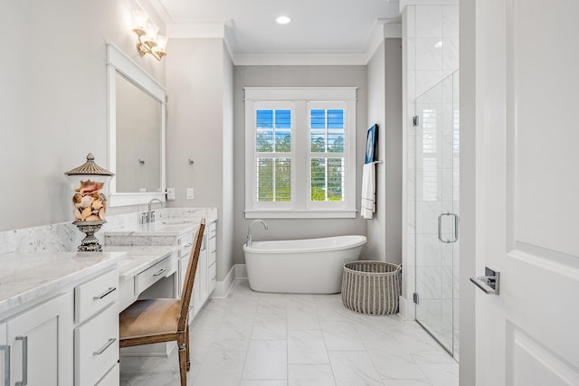 bathroom with vanity, marble finish floor, a soaking tub, a stall shower, and crown molding