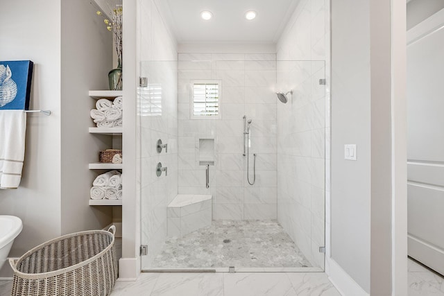 full bathroom with marble finish floor, crown molding, recessed lighting, a stall shower, and baseboards