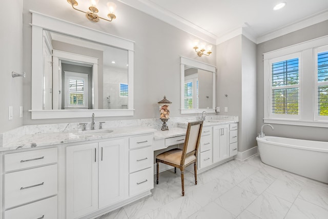 full bathroom with marble finish floor, two vanities, a sink, and crown molding