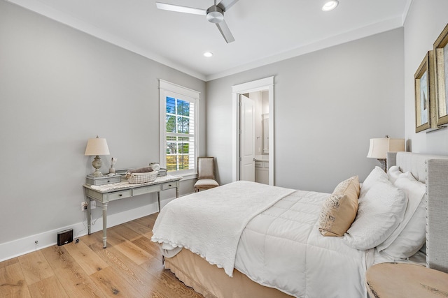 bedroom featuring recessed lighting, a ceiling fan, baseboards, light wood finished floors, and crown molding