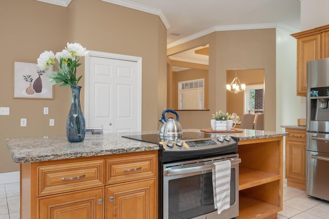 kitchen with stainless steel appliances, light stone countertops, ornamental molding, and light tile patterned floors