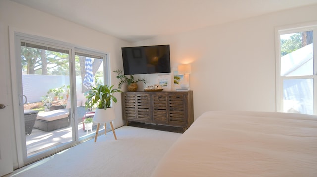 bedroom featuring light colored carpet and access to exterior