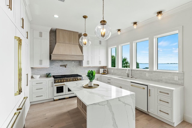 kitchen with tasteful backsplash, dishwasher, custom exhaust hood, double oven range, and a sink