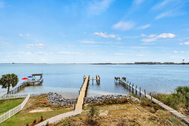 view of dock featuring a water view and fence