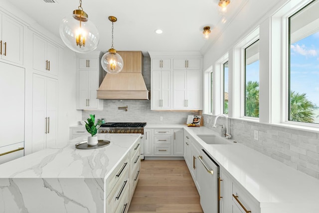 kitchen featuring decorative backsplash, white cabinets, a sink, premium range hood, and dishwashing machine