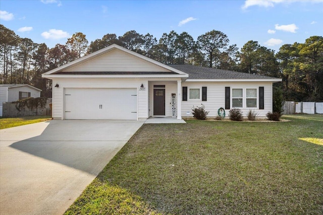 ranch-style house with a garage, a front yard, concrete driveway, and fence