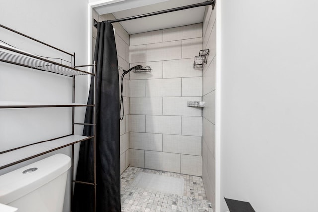 bathroom with toilet and a stall shower