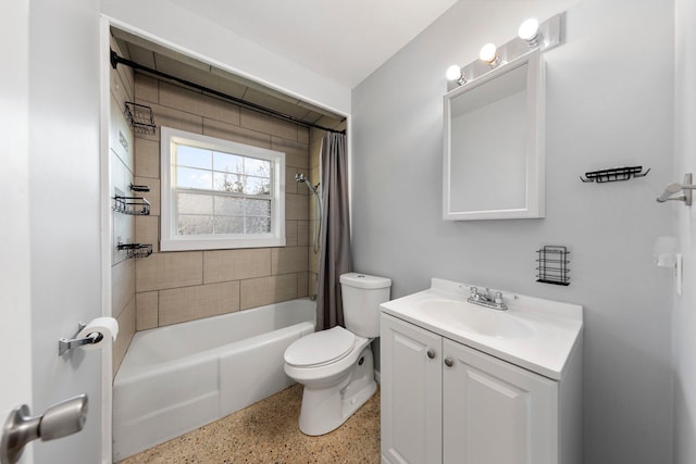 bathroom featuring toilet, shower / bathtub combination with curtain, vanity, and speckled floor