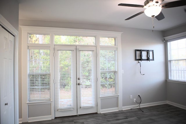 doorway to outside with french doors, dark wood finished floors, baseboards, and ceiling fan