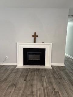 room details featuring a fireplace with flush hearth, baseboards, and wood finished floors