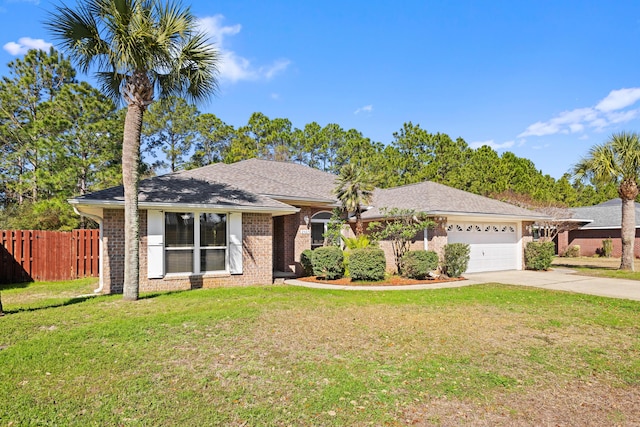 single story home with driveway, an attached garage, fence, a front yard, and brick siding