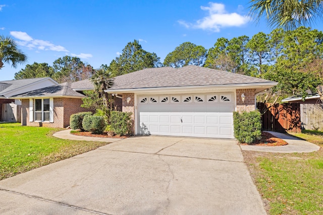 single story home with a garage, driveway, roof with shingles, a front lawn, and brick siding