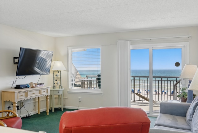 living area featuring baseboards, a water view, carpet floors, and a textured ceiling