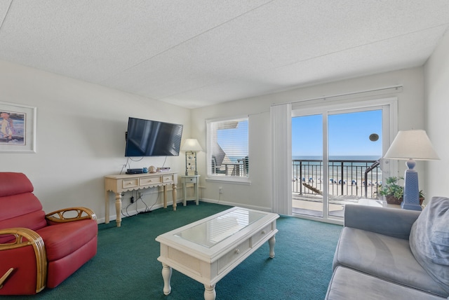 carpeted living area with baseboards and a textured ceiling