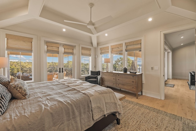 bedroom featuring access to outside, light wood-style flooring, baseboards, and recessed lighting