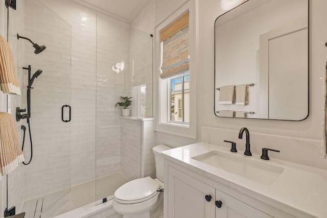 bathroom with a stall shower, vanity, and toilet