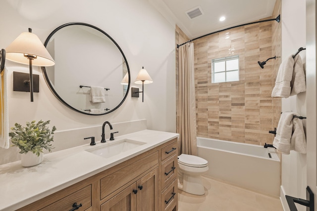 bathroom featuring visible vents, toilet, tile patterned flooring, shower / bath combination with curtain, and vanity