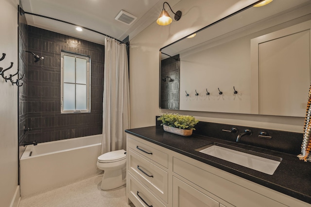 full bathroom featuring visible vents, toilet, shower / bath combo, vanity, and tile patterned flooring