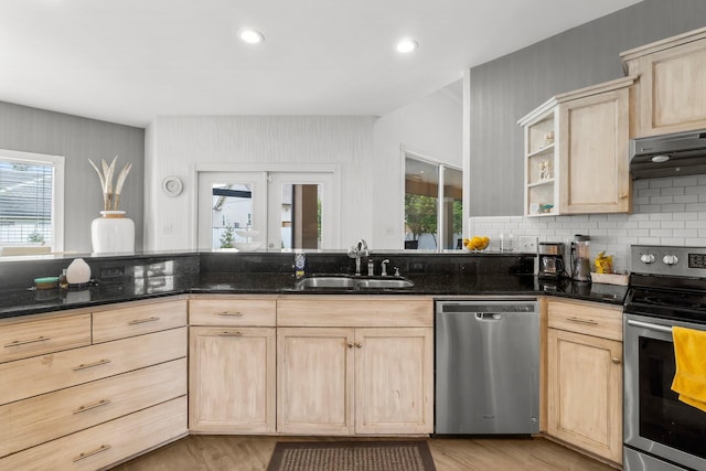 kitchen featuring appliances with stainless steel finishes, a sink, under cabinet range hood, and light brown cabinetry