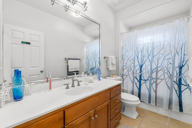 bathroom featuring curtained shower, visible vents, toilet, vanity, and tile patterned flooring