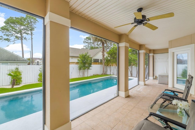 view of swimming pool featuring a patio area, a fenced backyard, a fenced in pool, and a ceiling fan