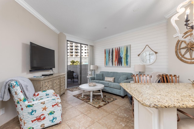 living room featuring light tile patterned floors and ornamental molding