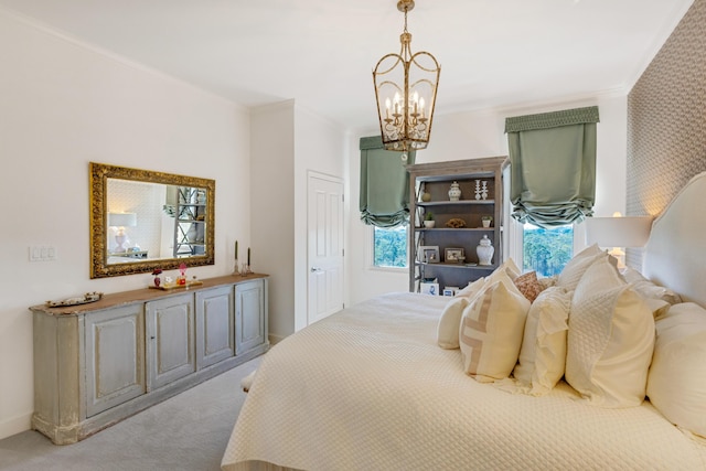 bedroom with a chandelier, light carpet, and crown molding