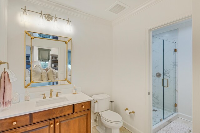 full bath featuring a marble finish shower, visible vents, toilet, ensuite bath, and crown molding