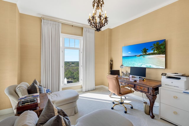 office area with baseboards, carpet floors, a notable chandelier, and crown molding