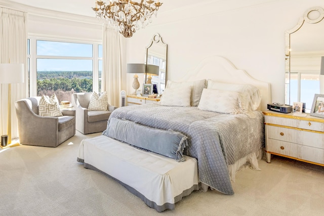 bedroom featuring carpet floors, multiple windows, crown molding, and an inviting chandelier